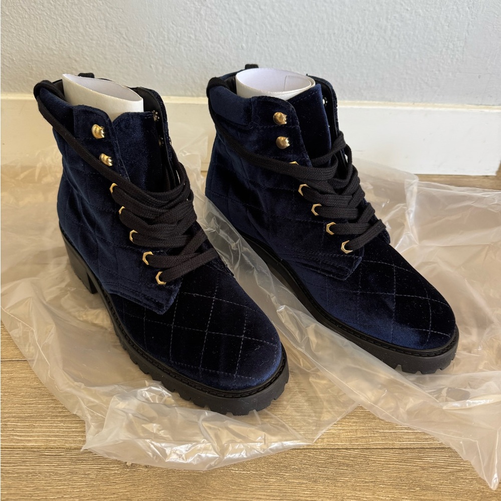Sandro Velvet Boots - Quilted “Aron” Combat Boot - Navy/Marine - Brand New